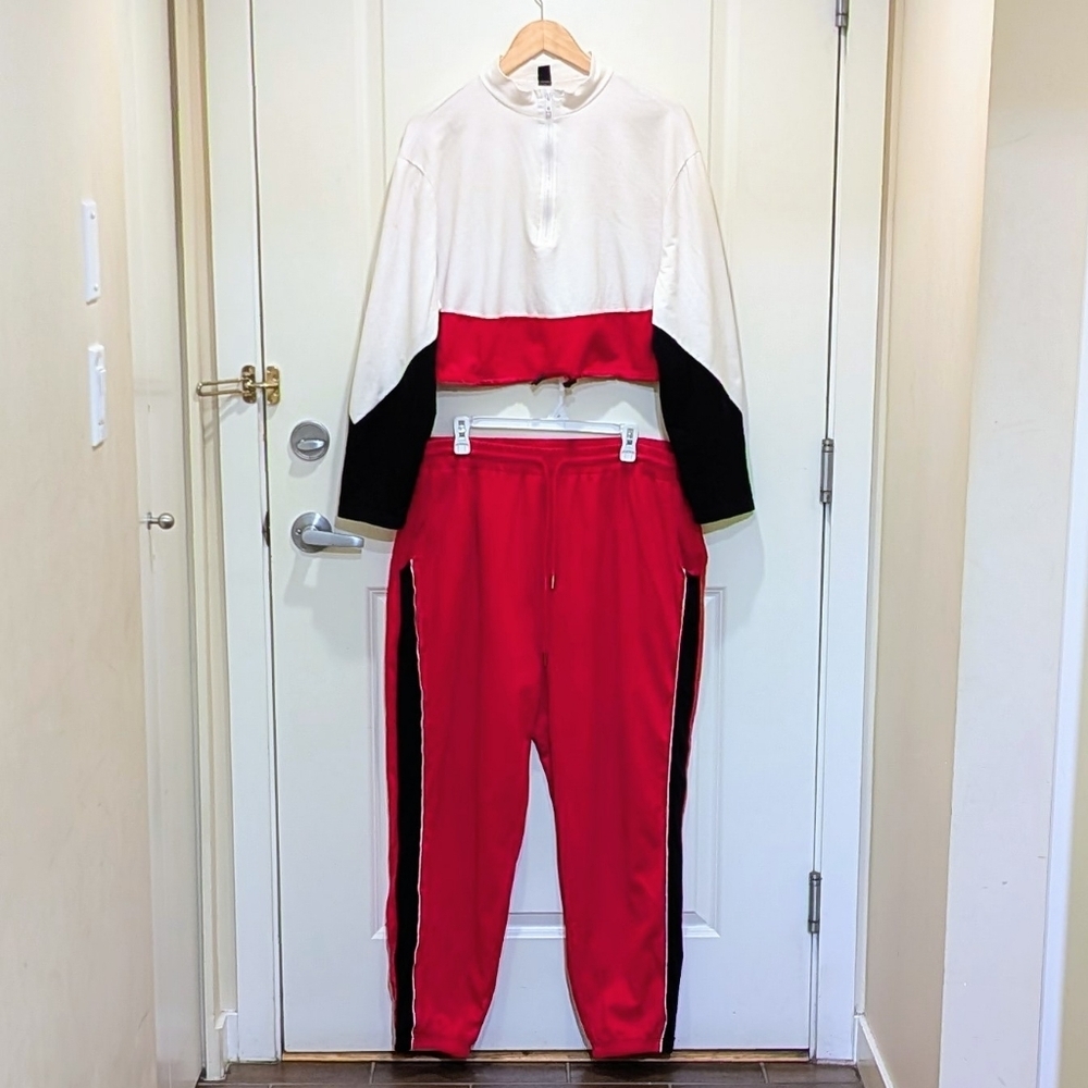 GUC SHEIN 3X Red Black and White Cotton Crop Top Co-ord Set Track Suit